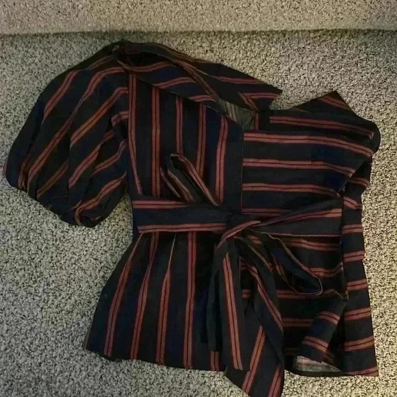 Topshop Women's Blue/Pink Stripe One Shoulder Puff Sleeve Top Size 8 Tie Waist - Picture 4 of 5